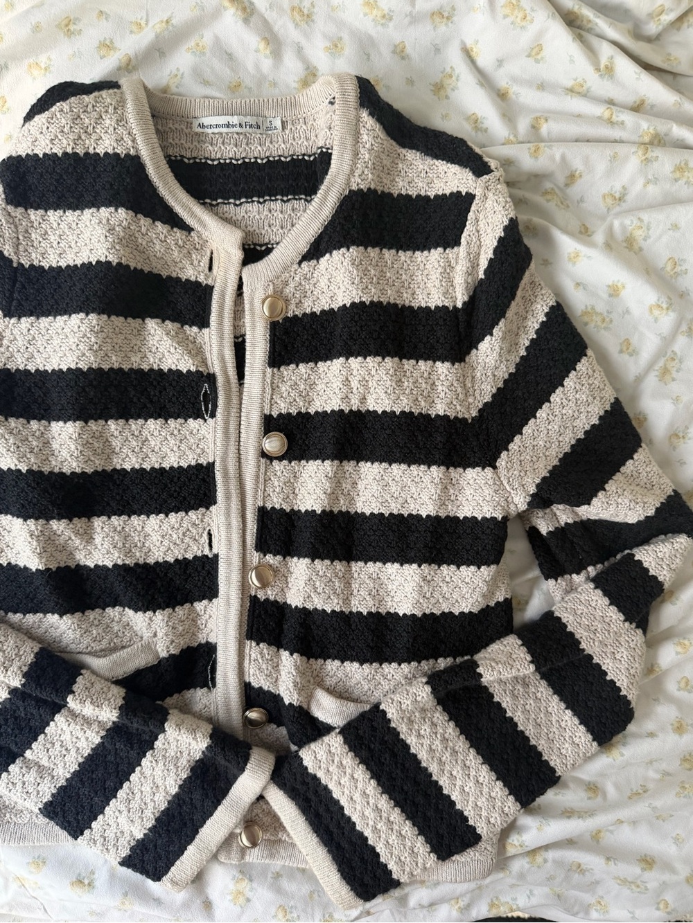 Abercrombie & Fitch Black and Cream Striped Button-Front Cardigan